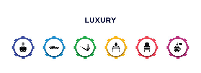 luxury filled icons with infographic template. glyph icons such as fragrance, lux car, smoke pipe, dressing table, luxury armchair, fragance vector.