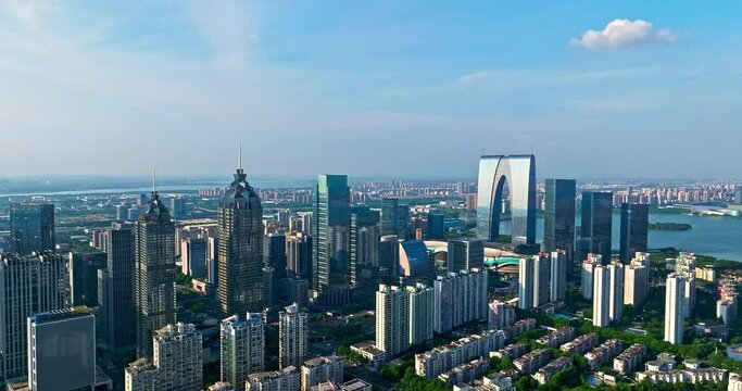 Aerial footage of city skyline and modern buildings scenery in Suzhou, China. 