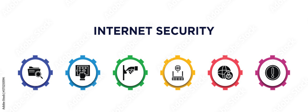 Poster internet security filled icons with infographic template. glyph icons such as data search, interacti