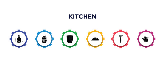 kitchen filled icons with infographic template. glyph icons such as apron, cupcake, glass, platter, peeler, squeezer vector.