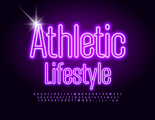 Fototapeta premium Vector neon Sign Athletic Lifestyle. Glowing violet Font. Modern Alphabet Letters, Numbers and Symbols