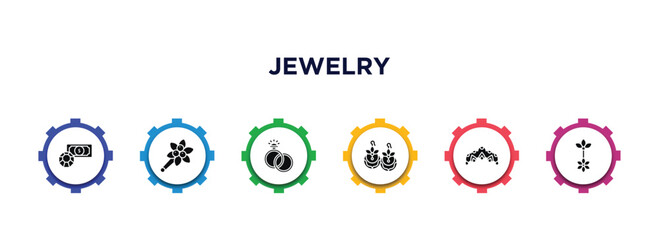 jewelry filled icons with infographic template. glyph icons such as pawn shop, brooch, engagement, earring, tiara, belly piercing vector.