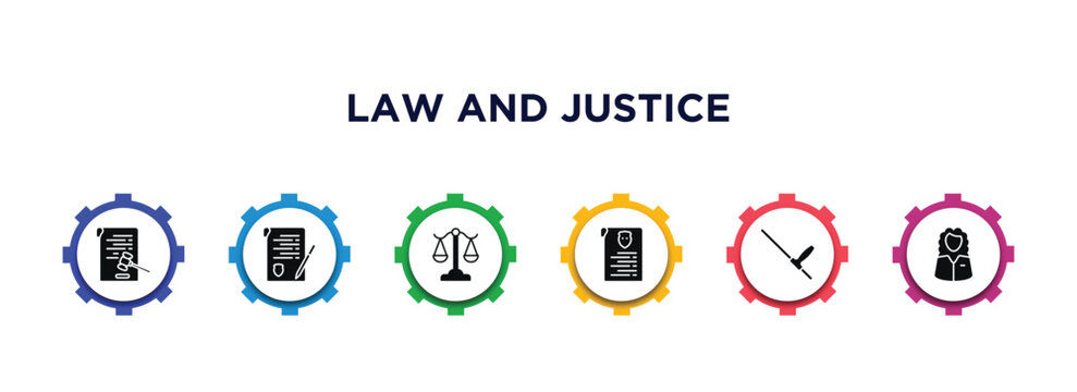 law and justice filled icons with infographic template. glyph icons such as corporative law, contract law, adminstrative criminal record, baton, counsel vector.