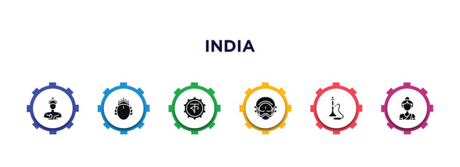 india filled icons with infographic template. glyph icons such as indian goddess, ardhanareeswara, bengali language, yakshagana, hookah, india mother vector. - obrazy, fototapety, plakaty