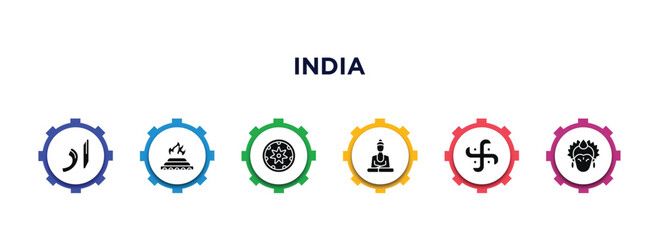 india filled icons with infographic template. glyph icons such as urdu, yagna, bihu, buddhist, hindu, krishna vector.