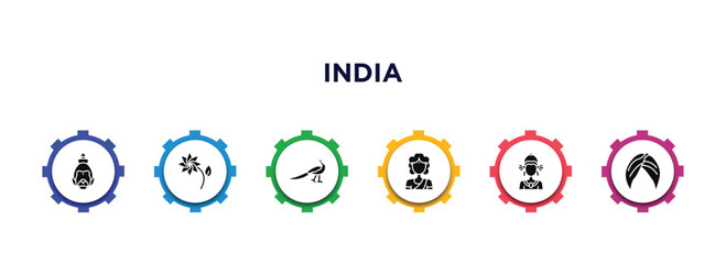 india filled icons with infographic template. glyph icons such as hanuman, lakshmi, peacock, woman, indra, turban vector.