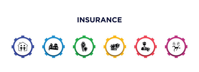 insurance filled icons with infographic template. glyph icons such as family house, total loss, coffin, house insurance, insurance agent, falling vector.