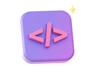 3d render of purple web programming and coding side icon for UI UX web mobile apps social media ads designs