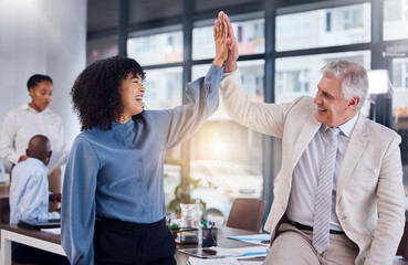 Business people, high five and celebration for success, collaboration or teamwork at the office....