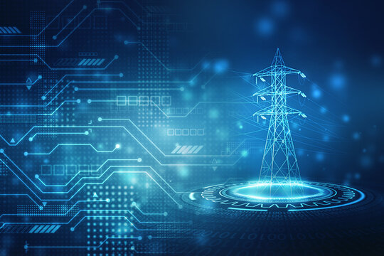 High power electricity poles on technology abstract background. Energy supply, distribution of energy, transmitting energy, energy transmission, high voltage supply concept