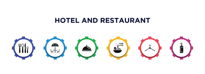 hotel and restaurant filled icons with infographic template. glyph icons such as eating utensils, beach umbrella, restaurant tray, ramen, hanger, lotion vector.