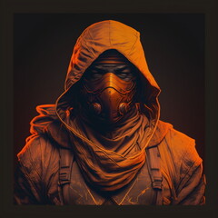 Illustration of ninja on a dark background with orange/red spot light. AI Generated