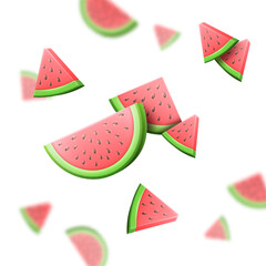 3d watermelon fruits, tropical food. Fresh colors, portion of summer in abstract motion, sections fresh melon. Natural organic dessert or ice cream background. Vector isolated composition