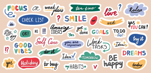 Notebook sticker, cute diary memo elements, planner. Scrapbook template for school journal, typography girls agenda, funny pages and notes. Hand drawn lettering phrases. Vector design icons