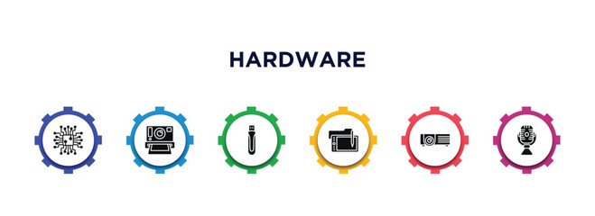 hardware filled icons with infographic template. glyph icons such as circuits, camera, usb flash, wacom, video projector, radio mic vector.