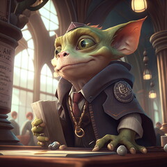 futuristic sci-fi goblin character dressed as wizard a library background. AI Generated