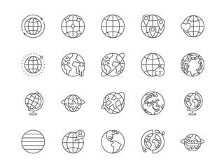 World globe. Earth icons. Global map or internet. Web symbol. Country destination sign. Geographic or business travel. Journey by airplane. Outline pictograms set. Vector line strokes