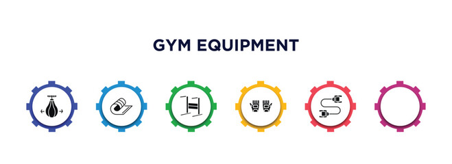 gym equipment filled icons with infographic template. glyph icons such as punching ball, mat, gym bars, gym gloves, medicine ball, strandpulling vector.