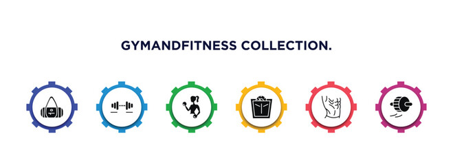 gymandfitness collection. filled icons with infographic template. glyph icons such as sport bag, workout, fitness, scale, press, roller vector.