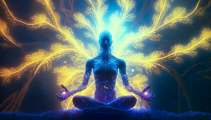 Generative AI illustration of a Exploring Spiritual Awakening and Meditation through Art, Human body with glowing neurons 