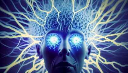 Generative AI illustration of a Exploring Spiritual Awakening and Meditation through Art, Human head with glowing neurons 