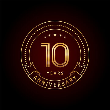 10th year anniversary celebration. Anniversary logo design with golden number and text. Logo Vector Template