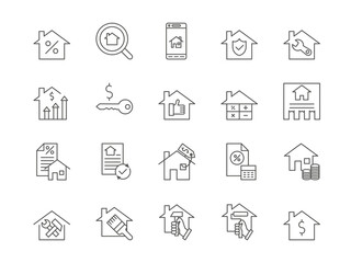 Fototapeta premium Home line signs. Housing budget. Property linear icons. Rent or buy condo. Architecture or real estate symbols. Residential buildings. Apartment repair. Loan price. Vector pictograms set