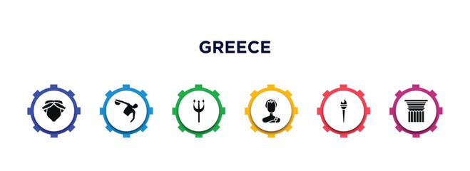 greece filled icons with infographic template. glyph icons such as muse, sports games, poseidon, alexander the great, sports torch, pillar vector.