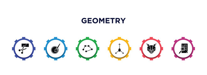 geometry filled icons with infographic template. glyph icons such as cut, quick selection, line, axis, polygonal cat, preview vector.