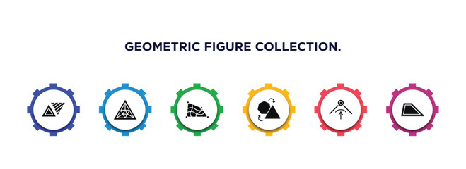 geometric figure collection. filled icons with infographic template. glyph icons such as triangles couple, triangle of triangles, distort, transform, edit corner, trapezium vector.