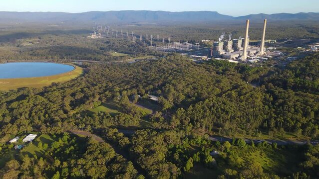 Aerial drone view of Eraring Power Station, Australia&rsquo;s largest coal fired power station consisting of steam driven turbo alternators located at Eraring, NSW, Australia