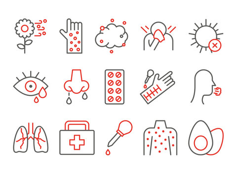 Allergy icons. Health care. Runny nose and eye sickness. Disease treatment symbols. Sick or flu symptoms. Cough from pollen and dust. Rash and rhinitis signs. Vector line pictograms set