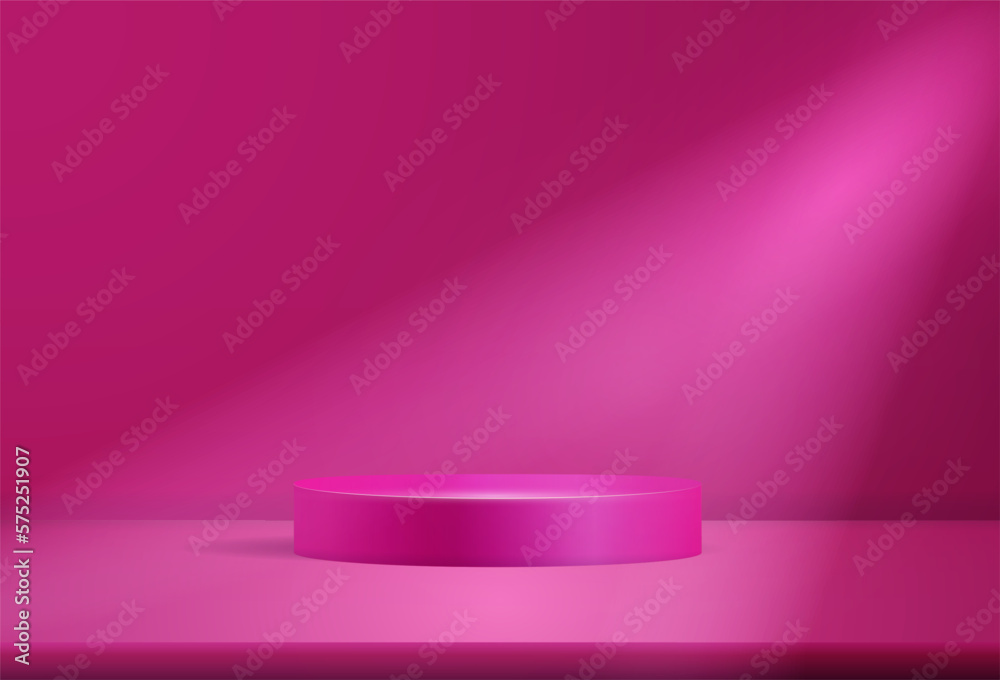 Poster 3d pink red podium, room with round platform and spotlight. Display studio for product award and presentation, empty scene in perspective. Bright minimal showcase. Vector realistic background