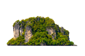 Mountain trees on beautiful sea islands and isolated stones on PNG background