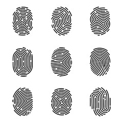 Thumb finger prints. Access icons. Forefinger imprint. ID logo. Identity detection. Fingerprint and thumbprint. Biometric identification. Line touch pattern. Vector isolated symbols set