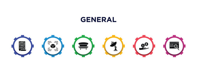 general filled icons with infographic template. glyph icons such as news feed, model preparation, solarium, satellite antenna, initial coin offering, sem vector.