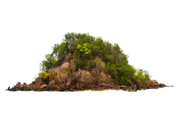 Mountain trees on beautiful sea islands and isolated stones on PNG background