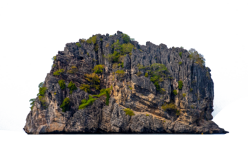 Mountain trees on beautiful sea islands and isolated stones on PNG background