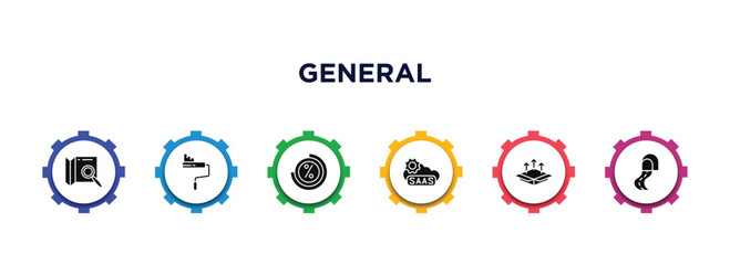 general filled icons with infographic template. glyph icons such as map search, painting work, loading, saas, product release, road tunnel vector.