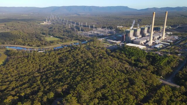 Aerial drone view of Eraring Power Station, Australia&rsquo;s largest coal fired power station consisting of steam driven turbo alternators located at Eraring, NSW, Australia