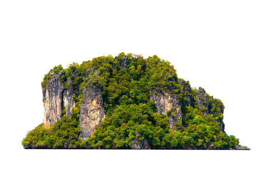 Mountain trees on beautiful sea islands and isolated stones on PNG background