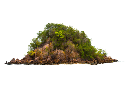 Mountain trees on beautiful sea islands and isolated stones on PNG background