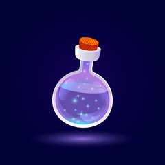 Bottle of violet potion. Glass flask with wooden cork. Shiny magic elixir. Vector illustration.