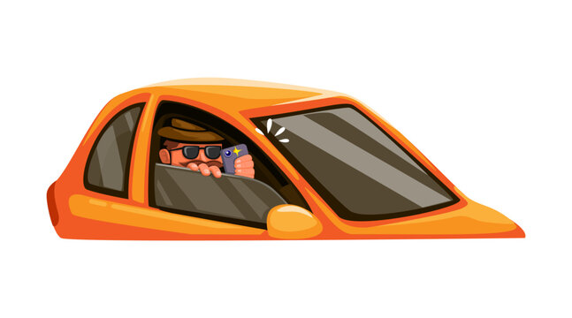 Paparazzi takes photos using smartphone from inside the car. stalker scene vector
