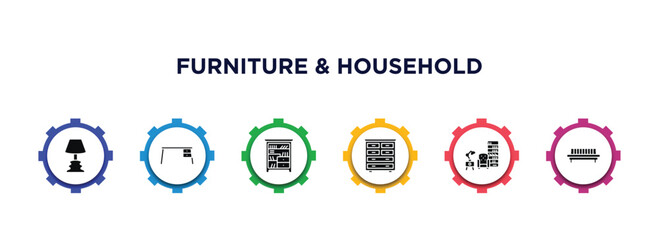 furniture & household filled icons with infographic template. glyph icons such as lamps, desk, shelf, chest of drawers, livingroom, daybed vector.