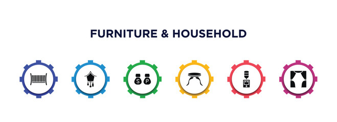 furniture & household filled icons with infographic template. glyph icons such as crib, cuckoo clock, salt and pepper shakers, side table, water dispenser, curtain vector.