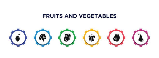 fruits and vegetables filled icons with infographic template. glyph icons such as lemon, broccoli, potatoes, bell pepper, breast milk fruit, guava vector.