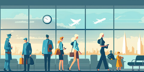 Fototapeta na wymiar Family walking in airport terminal for vacation - Generative AI