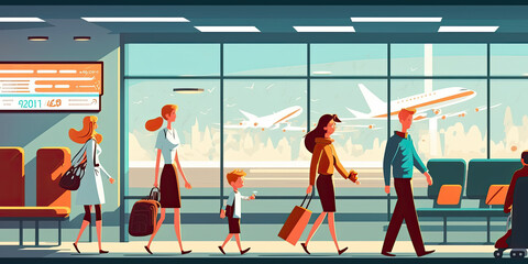 Family walking in airport terminal for vacation - Generative AI