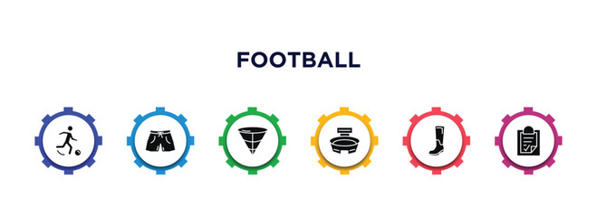 football filled icons with infographic template. glyph icons such as soccer player, shorts, cone, stadium, boots, plan vector.